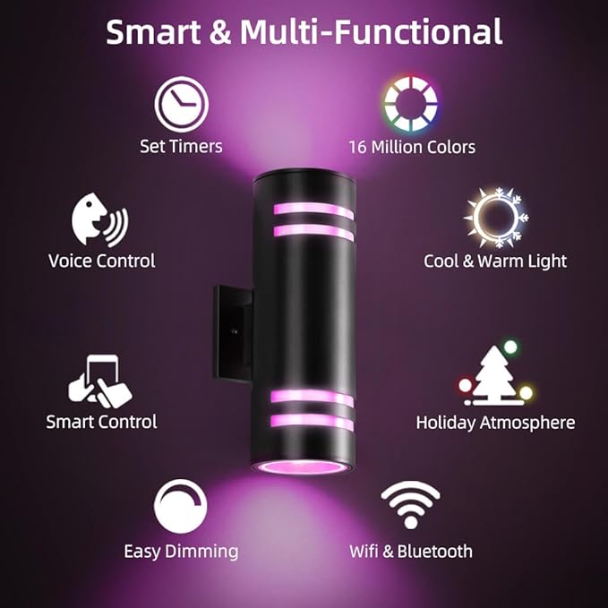 SHIMR Modern Outdoor Wall Lights Color Changing 2 Pack, RGBCW Smart Outdoor Lights Ambiance Sconce with Remote Control, Black Aluminum Exterior Lighting Fixtures Up and Down Lights [ETL Listed]