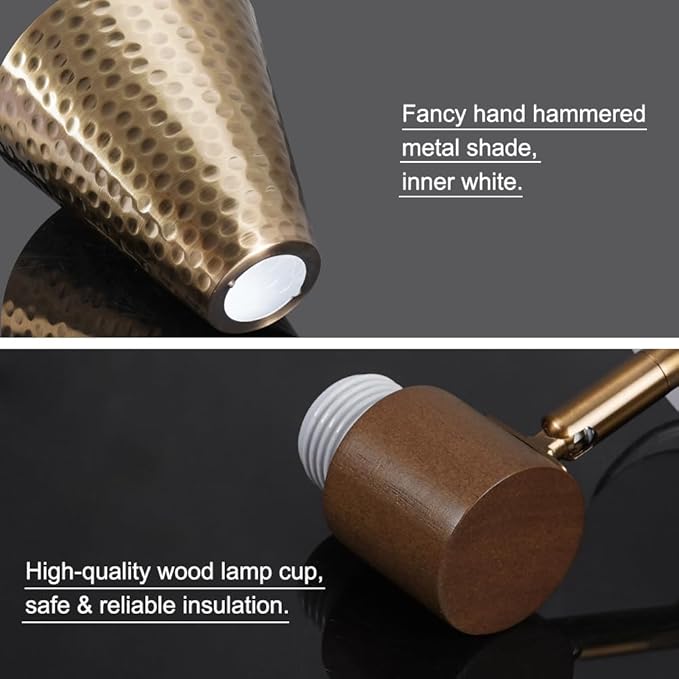 DSMJFU Gold Plug in Wall Sconces Set of 2, Modern Wall Lamp with Plug in Cord, Wooden Plug in Wall Light with Hammered Metal Shade，Wall Mounted Lamp for Bedroom, Living Room, Hallway, Bathroom