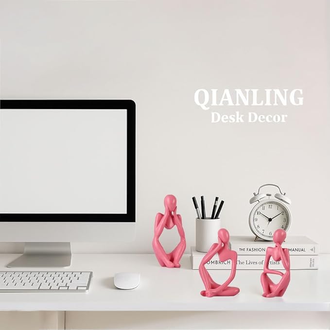 Pink Thinker Statue Decor for TV Stand, Shelf, Desk, or Coffee Table - Set of 3 Resin Figurines for Living Room Decorative Objects, Modern Sculpture, Minimalist Bookcase Decor, Home Accents