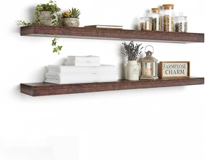 Rustic Brown Floating Shelves - 36 Inch Engineered Wood Wall Mounted Storage Rack, Heavy Duty Farmhouse Decorative Display Shelves for Living Room, Bedroom, Kitchen, Bathroom, Set of 2