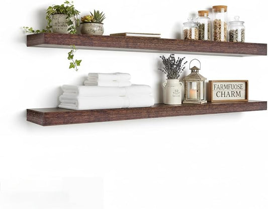 Rustic Brown Floating Shelves - 36 Inch Engineered Wood Wall Mounted Storage Rack, Heavy Duty Farmhouse Decorative Display Shelves for Living Room, Bedroom, Kitchen, Bathroom, Set of 2