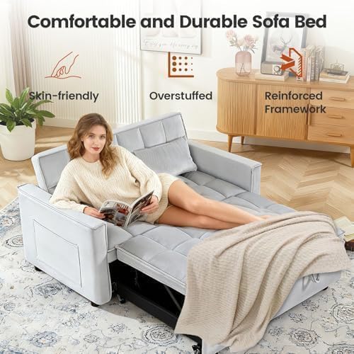 Sleeper Sofa Bed with Adjustable Backrest & Side Pockets, Gray
