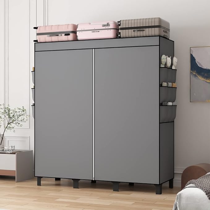 Portable Closet, 51.18" Large Capacity Clothing Storage Organizer with 3 Hanging Rods 6 Shelves 18 Side Pockets, Dustproof Sturdy Wardrobe for Bedroom Dorm Rental Apartment(Grey, Large)