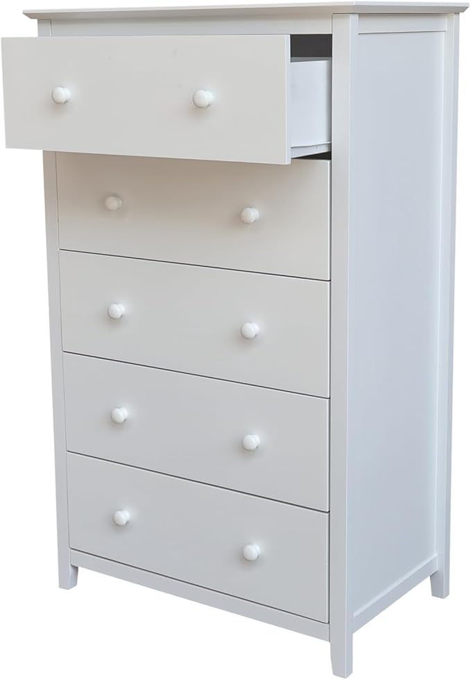 International Concepts Solid Wood Bedroom Dresser/Chest with 5 Drawers in White