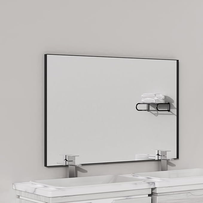 VocalStar Black Framed Mirror for Bathroom 40 x 30 Inch, Large Rectangular Wall Mirror Square Corner Metal Frame Bathroom Vanity Mirror Farmhouse, 1/4-inch Shatterproof Glass | Ultra-Flush Hanging