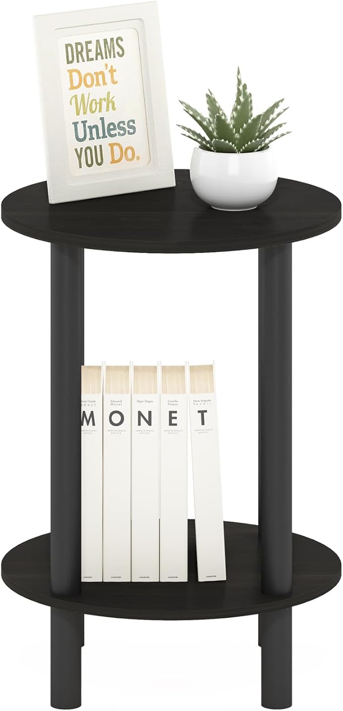 Furinno Turn-N-Tube Side Table, 2-Tier Round End Table, Toolless Assembly Night Stand, Bedside Table with Open Shelf, for Living Room, Bedroom, Espresso