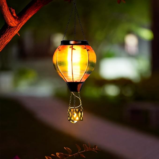 2PCS Colorful Solar Hot Air Balloon Lantern with Flame,Rainbow Wave Glass Solar Hanging Light Outdoor Waterproof for Garden Tree Yard Patio Party Decor