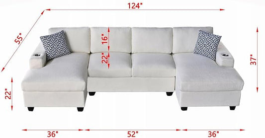 Ball & Cast 124" U-Shaped Sectional Sofa Couch for Living Room with Double Chaise,Cup Holders & Pillows,4 Seat Sherpa Upholstered Modern Modular Sectional Sofa Couches Set,for Home,Office,Beige