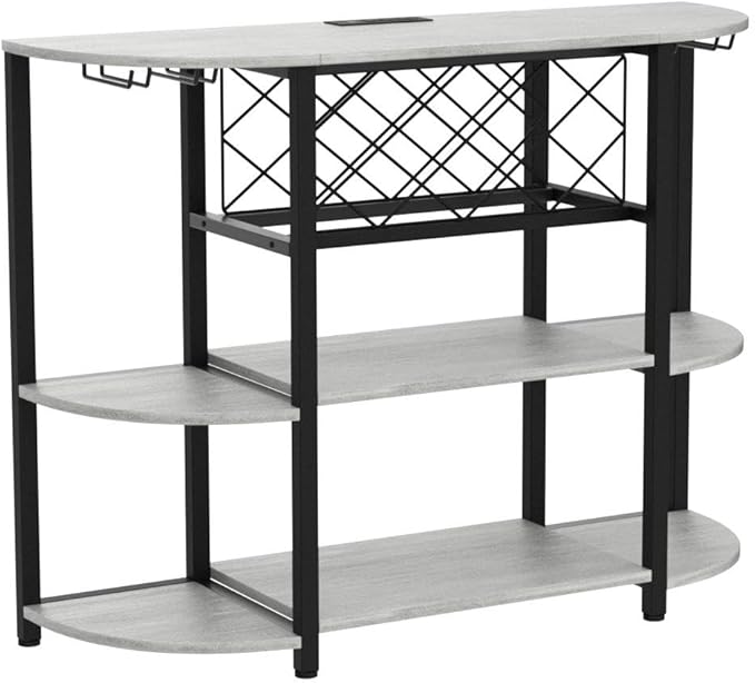 Unikito 4-Tier Metal Coffee Bar Cabinet with Outlet and LED Light, Freestanding Floor Table for Liquor Glass Holder Wine Rack Storage, Bakers Kitchen Dining Room, White Oak