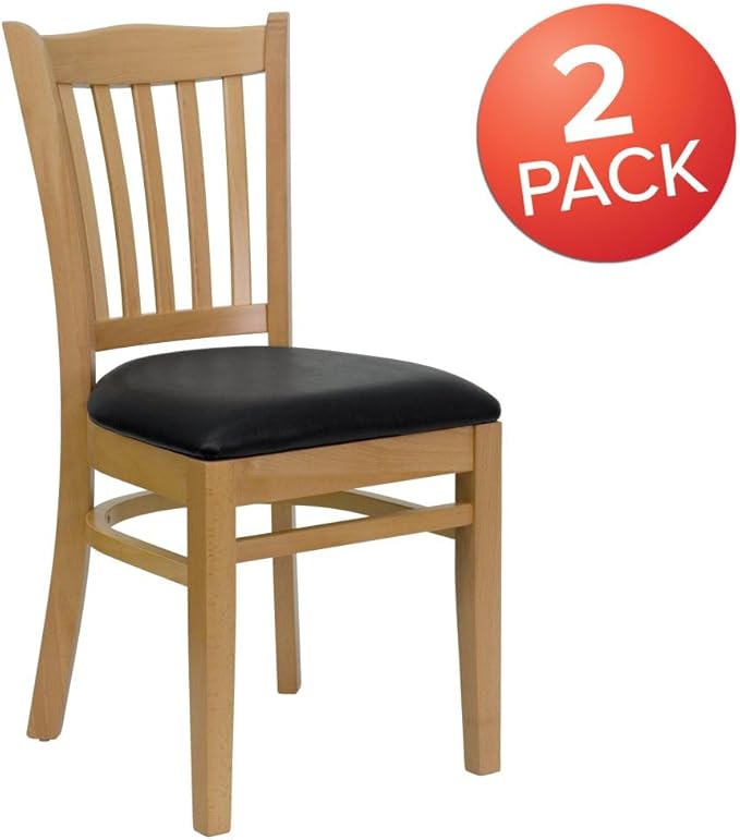 Flash Furniture 2 Pk. HERCULES Series Vertical Slat Back Natural Wood Restaurant Chair - Black Vinyl Seat
