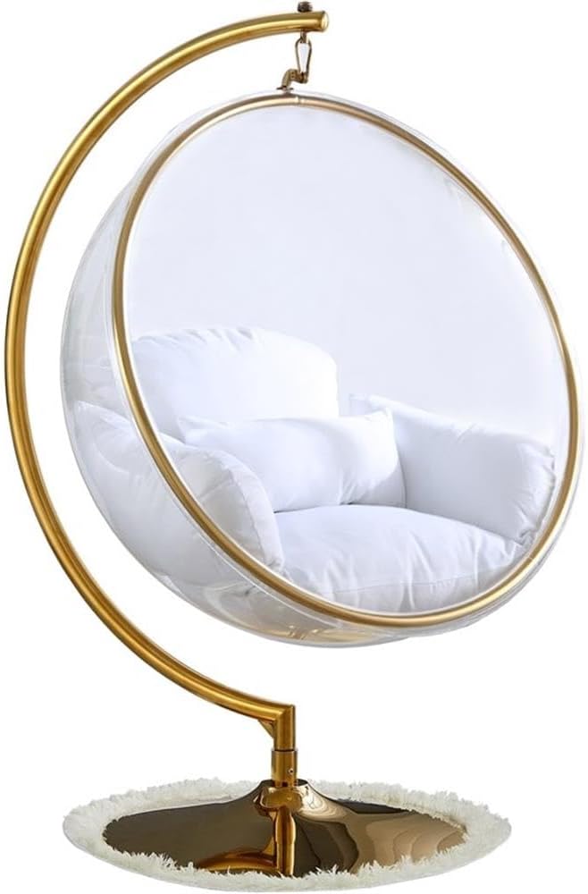 Meridian Furniture Luna Collection Modern | Contemporary Clear Acrylic Accent Swing Chair with Gold Metal Base and Durable Fabric Seat, 41.5" W x 29.5" D x 64" H, White