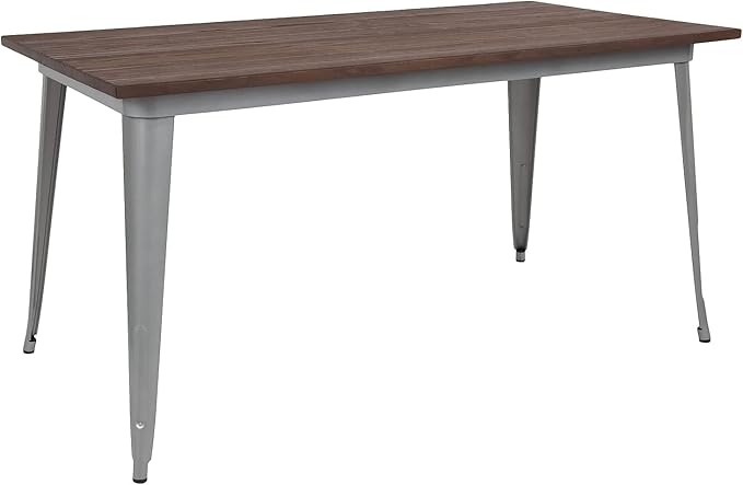 Flash Furniture Kenneth 30.25" x 60" Rectangular Silver Metal Indoor Table with Walnut Rustic Wood Top