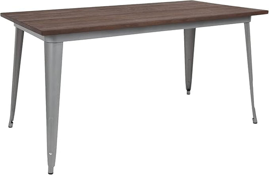 Flash Furniture Kenneth 30.25" x 60" Rectangular Silver Metal Indoor Table with Walnut Rustic Wood Top