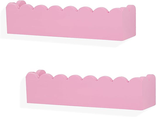 Wood Floating Shelves for Wall,Nursery Bookshelf,Kids Book Shelf,Baby Toys Storage Decor Organizer Wall Mounted for Living Room Bedroom,Wavy Edge,Preassembled,2 Pack,Scalloped Pine(Pink)