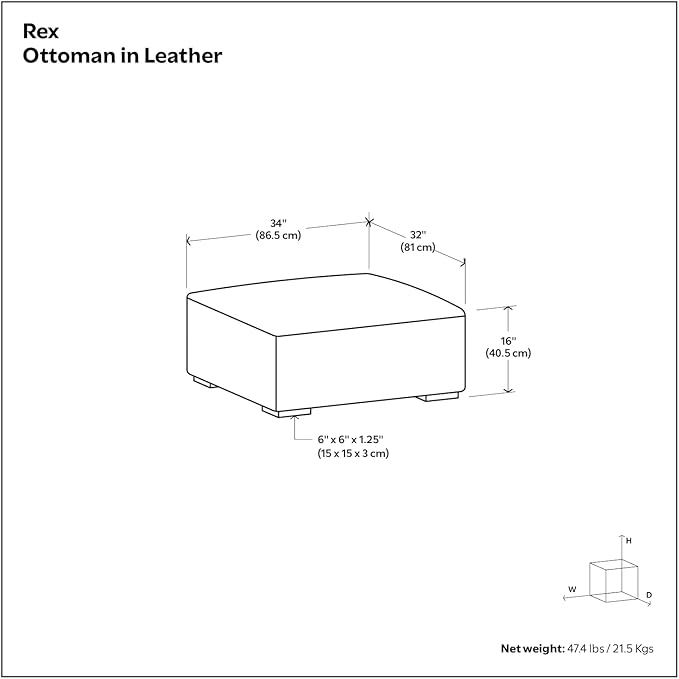 SIMPLIHOME Rex Ottoman - 34 inch Wide Upholstered Genuine Leather Square Ottoman in Sienna, Modern Bench for Living Room or Bedroom with High-Density Cushion, Assembled