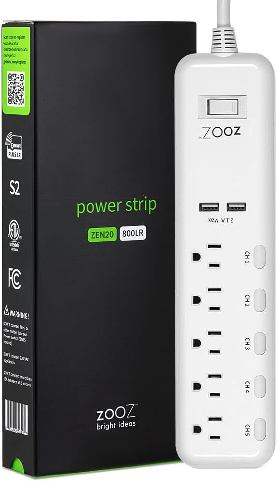 Zooz Z-Wave Long Range Power Strip ZEN20 800LR with Energy Monitoring and 2 USB Ports | Works with Z-Box, Hubitat, Home Assistant, Compatible with SmartThings