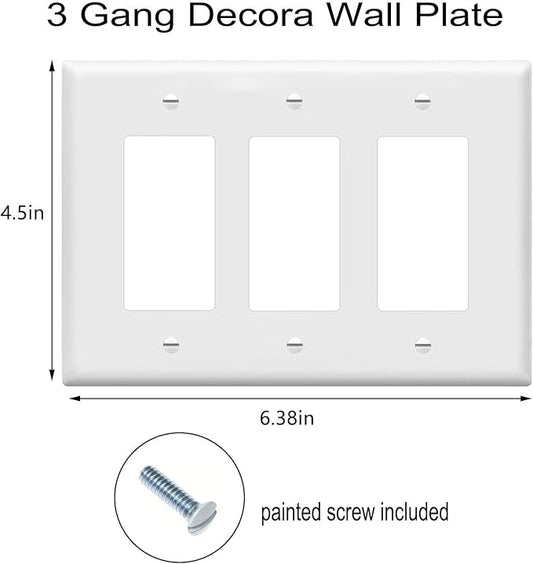 Decorator Wall Plates 3-Gang Switch Outlet Electrical Cover Plate Unbreakable Thermoplastic Faceplate for Light Receptacle Outlet Switch, White (4 Pack)