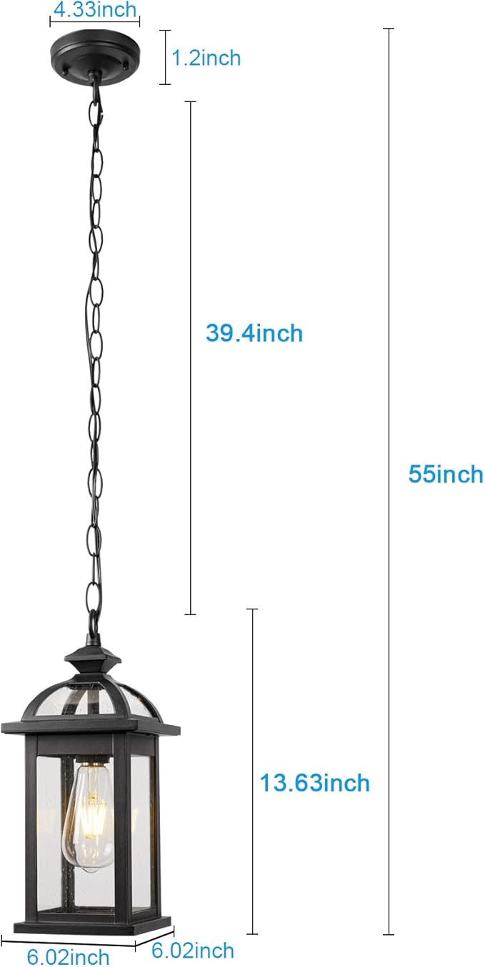 Darkaway Outdoor Pendant Light Fixture Lantern, Hanging Porch Light with Glass Aluminum Outdoor Pendant Lights for Porch, Patio, Entryway (1 Pack, Black)