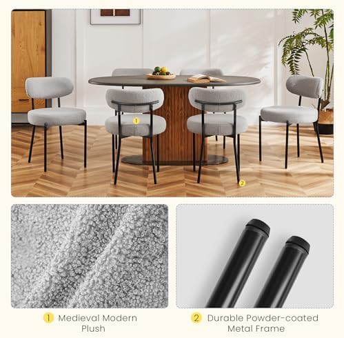DUMOS Dining Chairs Set of 2, Mid Century Modern Chair Round Upholstered Curved Backrest, Kitchen Vanity Living Room Chairs with Black Metal Legs，Light Grey