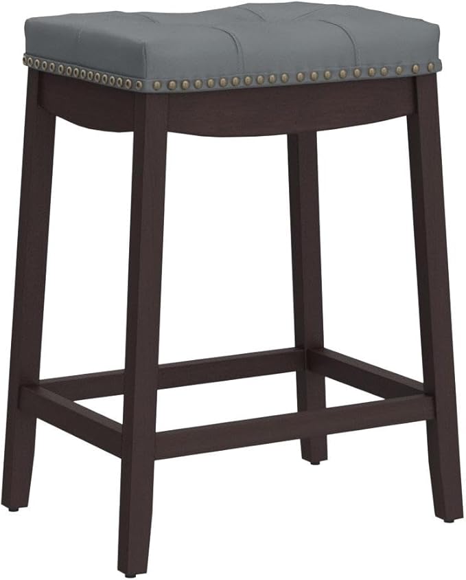 COSTWAY Bar Stools Set of 2, 24-Inch Height Backless Counter Stool with Footrest, Soft Seat Cushion, Wood Legs and Non-Slip Foot Pad, Saddle Stools for Home Kitchen Living Room, Stone Gray+Dark Brown