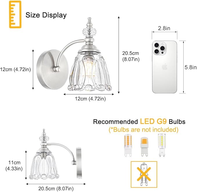 Vintage Wall Sconces Set of Two, Brushed Nickel Bathroom Vanity Light Fixtures, Hardwired Sconces Wall Deco Set of 2, Glass Wall Lights for Bathroom, Bedroom,Hallway (Excludes G9 Bulb)