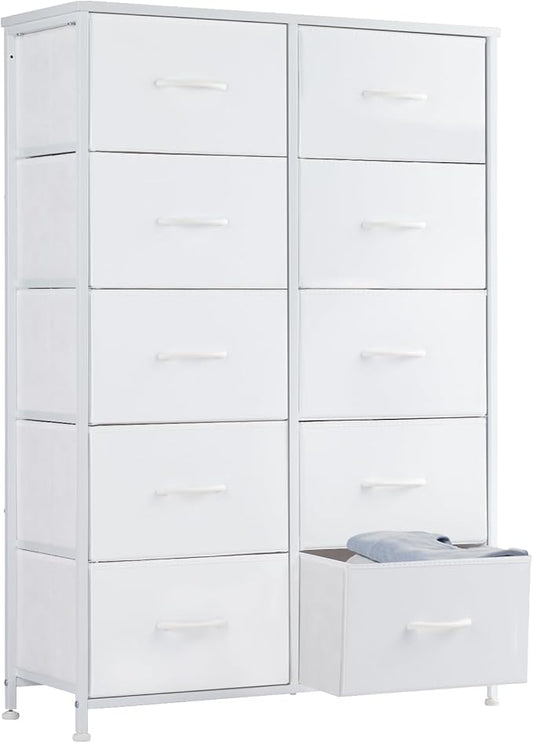 Sweetcrispy 10 Drawer Fabric Dresser Tall Chest Storage Organizer Tower with Cabinet Metal Frame and Wood Top Lightweight Closet Furniture for Bedroom,Cream White