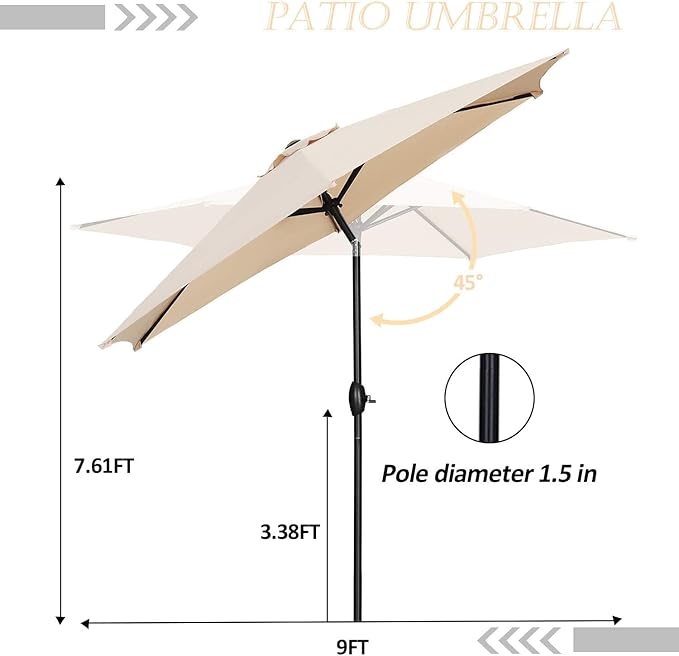 HYD-Parts 9FT Patio Umbrella Outdoor Table Umbrella,Market Umbrella with Push Button Tilt and Crank for Garden, Lawn, Deck, Backyard & Pool, with a Base (Khaki)