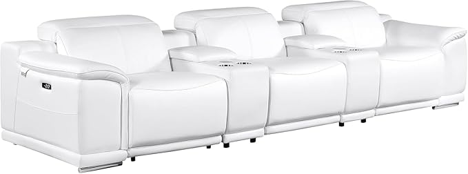 BlackJack Furniture Venice Top Grain Italian Leather Power Recline 5 Piece Sofa - 134" Theater Seating Modern Couch for Living Room Apartment Lounge Home with Adjustable Headrests & USB Port, White