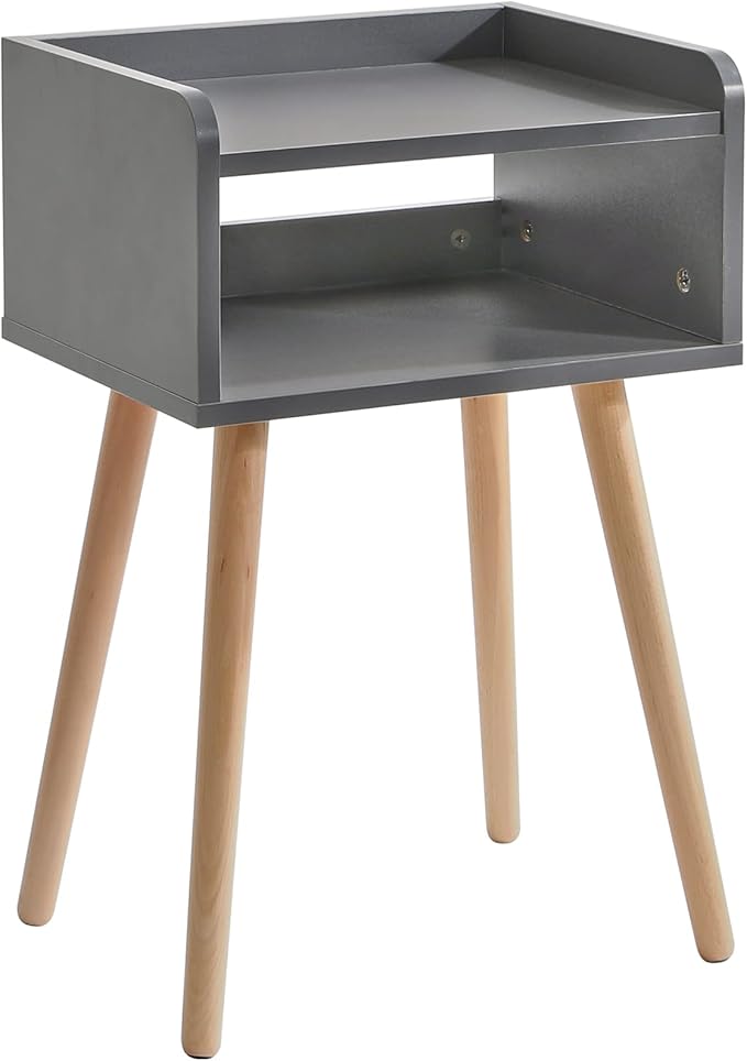 IBUYKE Nightstand, Mid-Century Modern Bedside Table with Solid Wood Legs, Minimalist and Practical End Side Table with Open Storage Shelf, for Living Room/Bedroom/Office, Grey UWNS003G