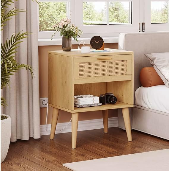 Irontar 17.7'' Wide Rattan Nightstand Set of 2, Bedroom Night Stand with Charging Station & Drawers, Boho Bed Side Table with Solid Legs, Accent End Side Table with Open Shlef, Natural
