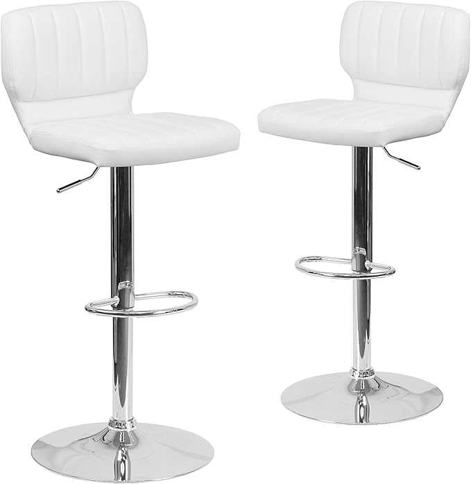 Flash Furniture Samantha Contemporary White Vinyl Adjustable Height Barstool with Vertical Stitch Back and Chrome Base (Pack of 2)