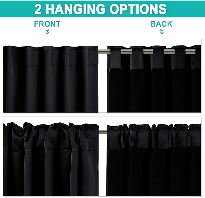 NICETOWN Total Shade Room Warming Curtains and Draperies, Heavy-Duty Full Light Shading Drapes with Black Liner Backing for Villa/Hall/Dorm Window（Black, Package of 2, 52-inch Wide x 95-inch Long