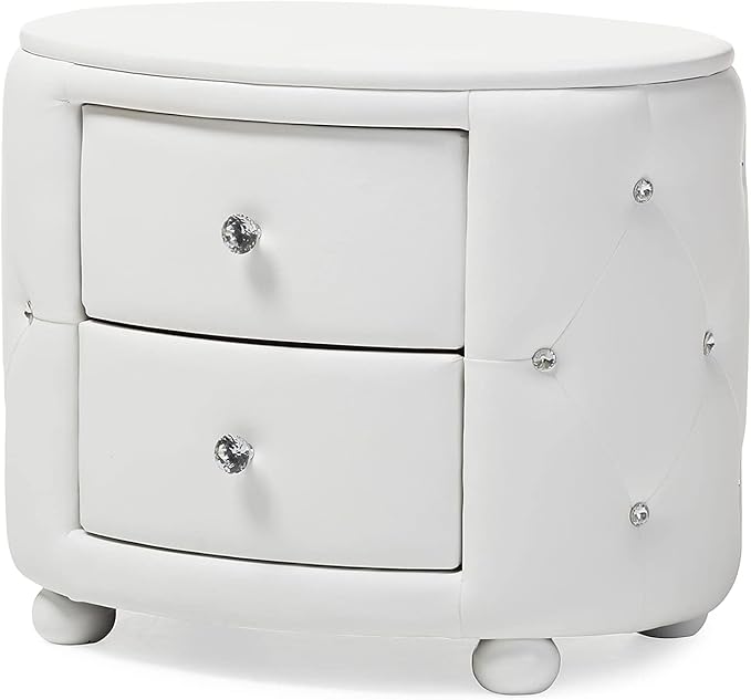 Baxton Studio Davina Hollywood Glamour Style Oval 2-Drawer Faux Leather Upholstered Nightstand, Medium, White