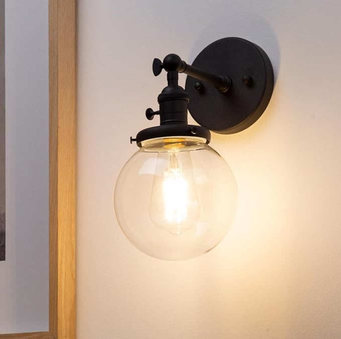 PERMO Vintage Industrial Wall Sconce Lighting Fixture with 5.9" Round Clear Glass Globe Hand Blown Shade (Black)