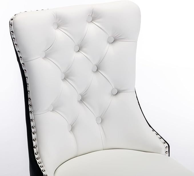 PU and Velvet Upholstered Dining Chair with Wood Legs Nailhead Trim 2-Pcs Set,Modern Side Chair W/Button Back Ring for Kitchen,White+Black