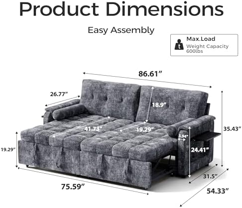 Convertible Sleeper Sofa Bed, 86 Inch Chenille Pull Out Couch with Side Table & Adjustable Backrest, Sectional Sleeper Sofa with Pull Out Bed for Living Room, Apartment, Gray