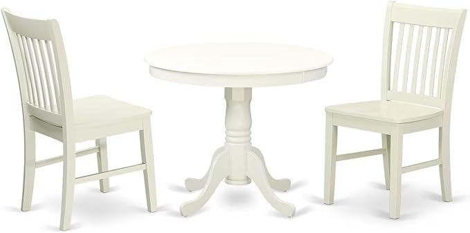East West Furniture ANNO3-LWH-W 3 Piece Dining Room Furniture Set Contains a Round Dining Table with Pedestal and 2 Wood Seat Chairs, 36x36 Inch, Linen White