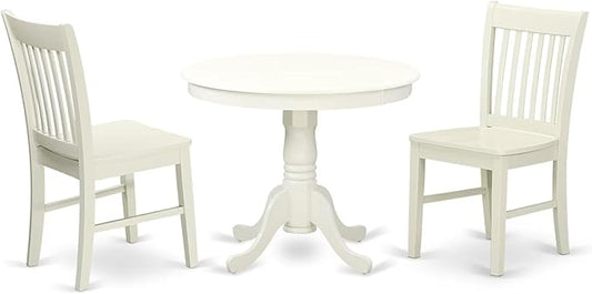 East West Furniture ANNO3-LWH-W 3 Piece Dining Room Furniture Set Contains a Round Dining Table with Pedestal and 2 Wood Seat Chairs, 36x36 Inch, Linen White