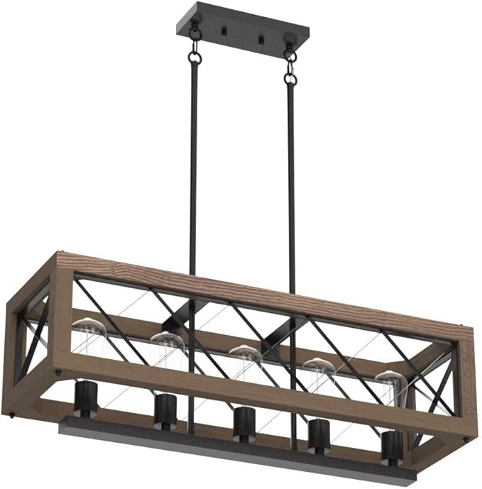LALUZ Farmhouse Chandelier, 5-Light Chandeliers for Dining Room, 32" Rustic Wood Kitchen Island Lighting
