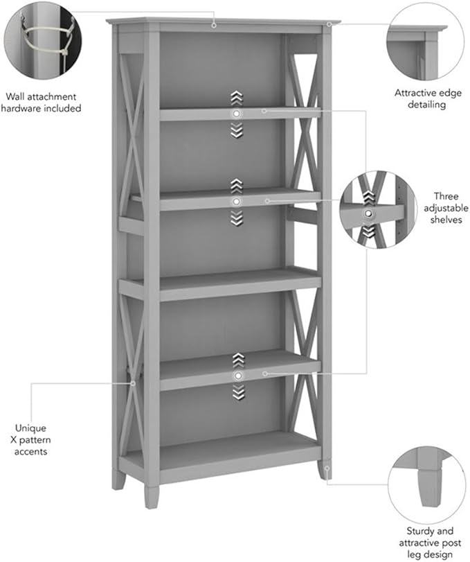Bush Home Key West 5 Shelf Bookcase - Set of 2 | Tall Bookshelves in Cape Cod Gray | Sturdy Display Shelves for Library, Living Room, and Home Office