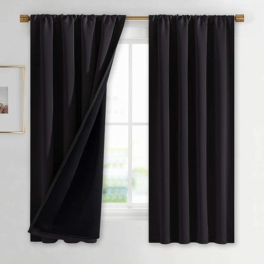 NICETOWN Complete 100% Blackout Curtains, Thermal Insulated & Energy Efficiency Window Draperies with Black Liner, Noise Reducing Drapes, Kids (Black, 42 inches W by 63 inches L, Double Panels,Adult)