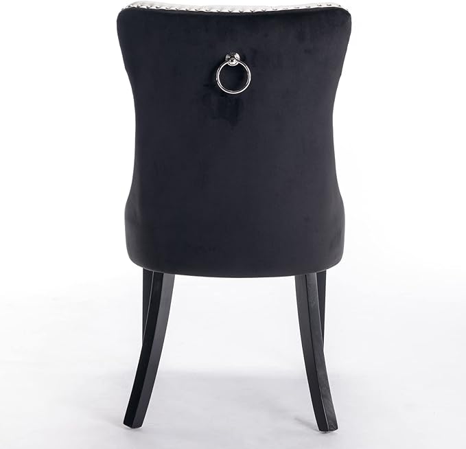 PU and Velvet Upholstered Dining Chair with Wood Legs Nailhead Trim 2-Pcs Set,Modern Side Chair W/Button Back Ring for Kitchen,White+Black