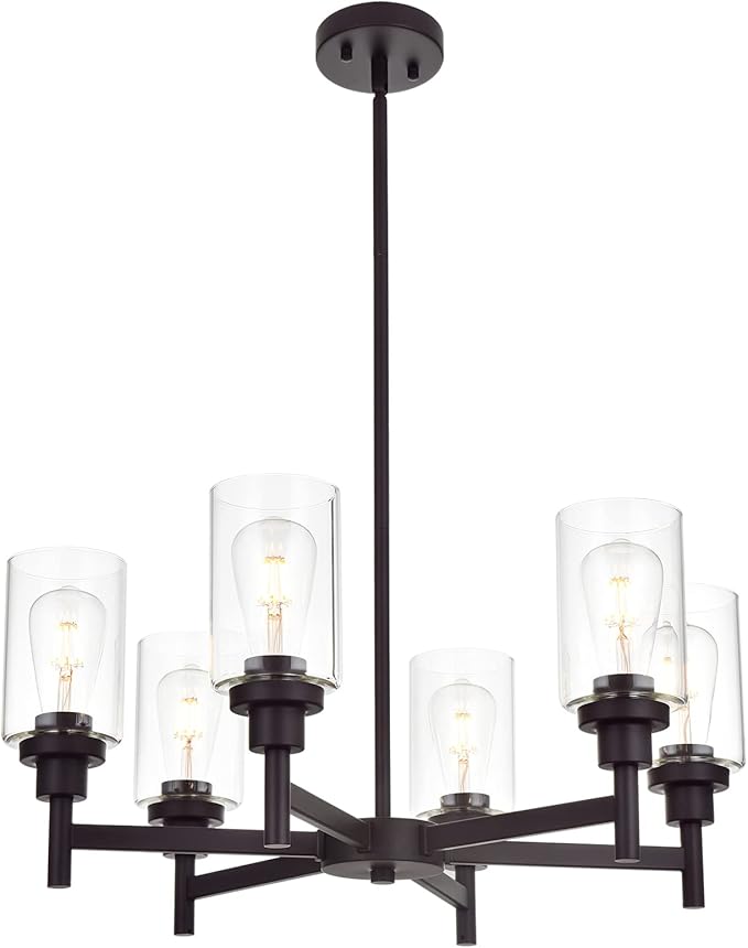 VINLUZ 6 Light Farmhouse Chandelier Classic Pendant Lighting Oil-Rubbed Bronze Industrial Ceiling Lighting Fixture with Clear Glass Shades for Dining Room Kitchen Livingroom
