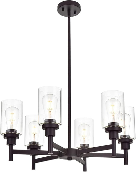 VINLUZ 6 Light Farmhouse Chandelier Classic Pendant Lighting Oil-Rubbed Bronze Industrial Ceiling Lighting Fixture with Clear Glass Shades for Dining Room Kitchen Livingroom