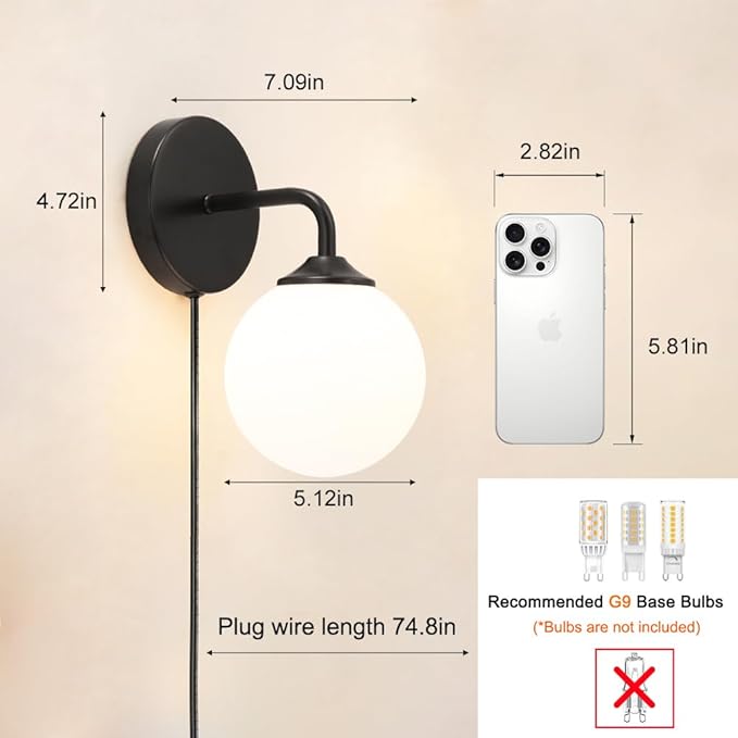 Black Plug in Wall Sconces Set of 2, Wall Light with Plug in Cord On/Off Switch, Mid Century Art Deco Plug Sconce with Milky White Globe Glass Lampshade Wall Lamp for Bedroom Living Room Hallway