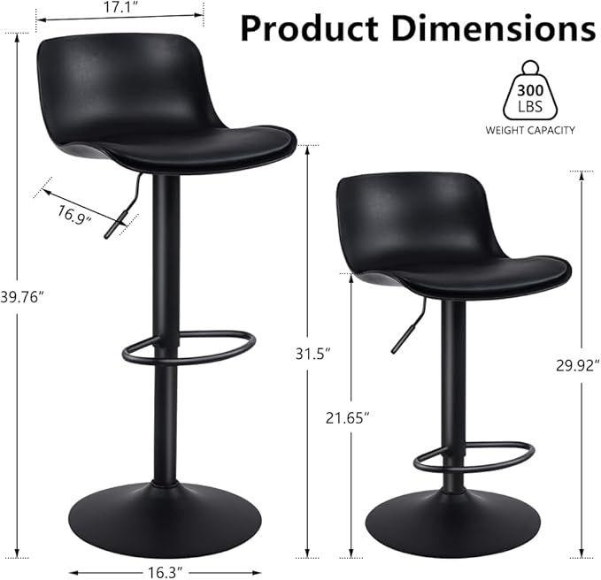 Kidol & Shellder Bar Stools Set of 6 Adjustable Counter Height Barstools Modern PU Leather Swivel Tall Bar Chairs Upholstered Bar Stool with Back for Kitchen Island（Black ）