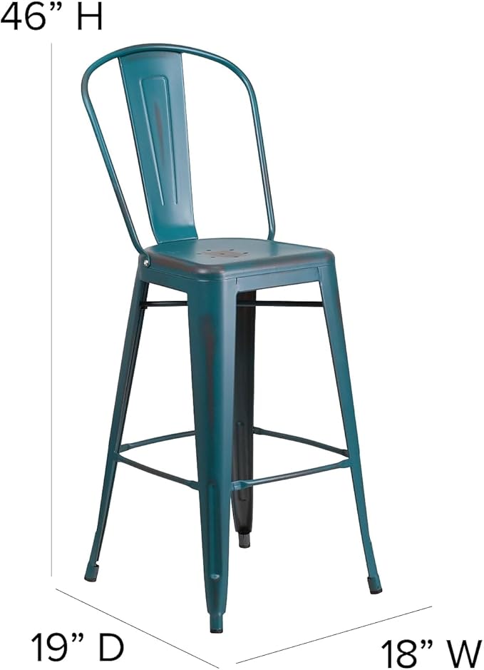 Flash Furniture Blake Commercial Grade 4 Pack 30" High Distressed Kelly Blue-Teal Metal Indoor-Outdoor Barstool with Back