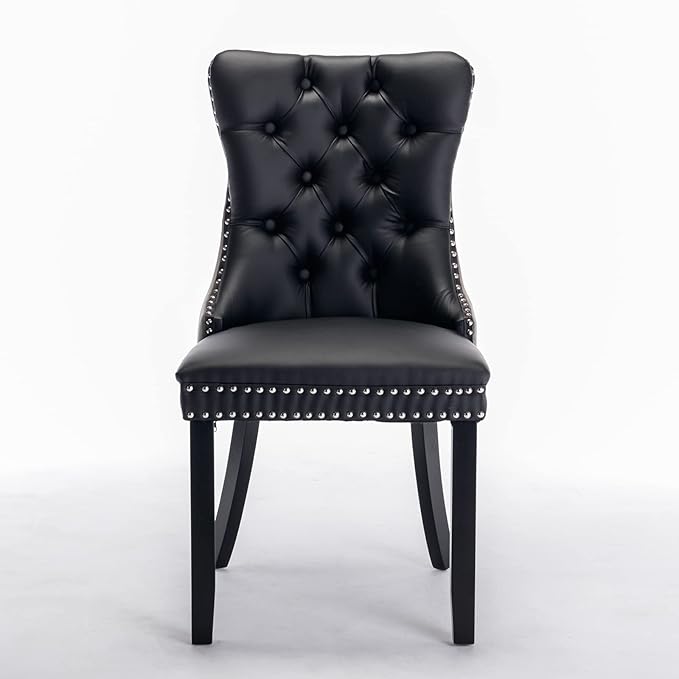 2-Pcs Set PU and Velvet Upholstered Dining Chair with Wood Legs,Nailhead Trim Modern Upholstered Side Chair W/Button Back Ring,for Sitting Room,Apartment,Black+Gray