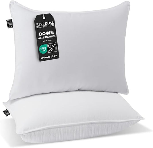 Bed Pillows for Sleeping, Set of 2 – Cooling, Hotel Quality with Soft Down Alternative Fill for Back, Stomach & Side Sleepers | White 100% Cotton Standard