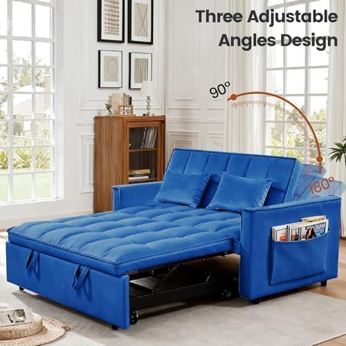 54" Convertible Pull Out Sofa Bed with Adjustable Backrest, Blue